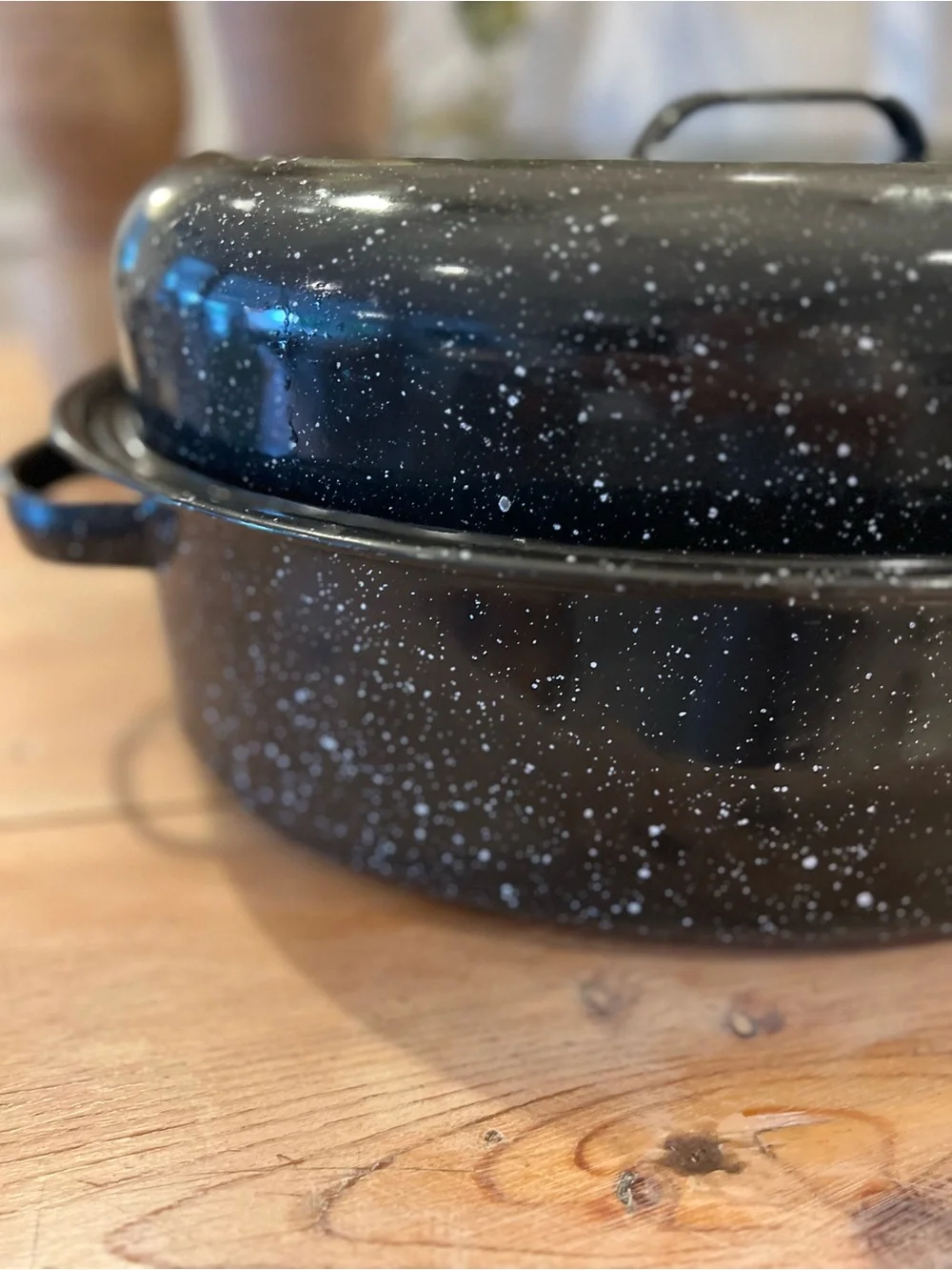 Vintage Speckled Black 16” Enamel Roasting Pan with Cover & Juice Grooves